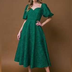 Flying Tomato Emerald Green In Your Sights Woven Puff Sleeve Midi Dress Small